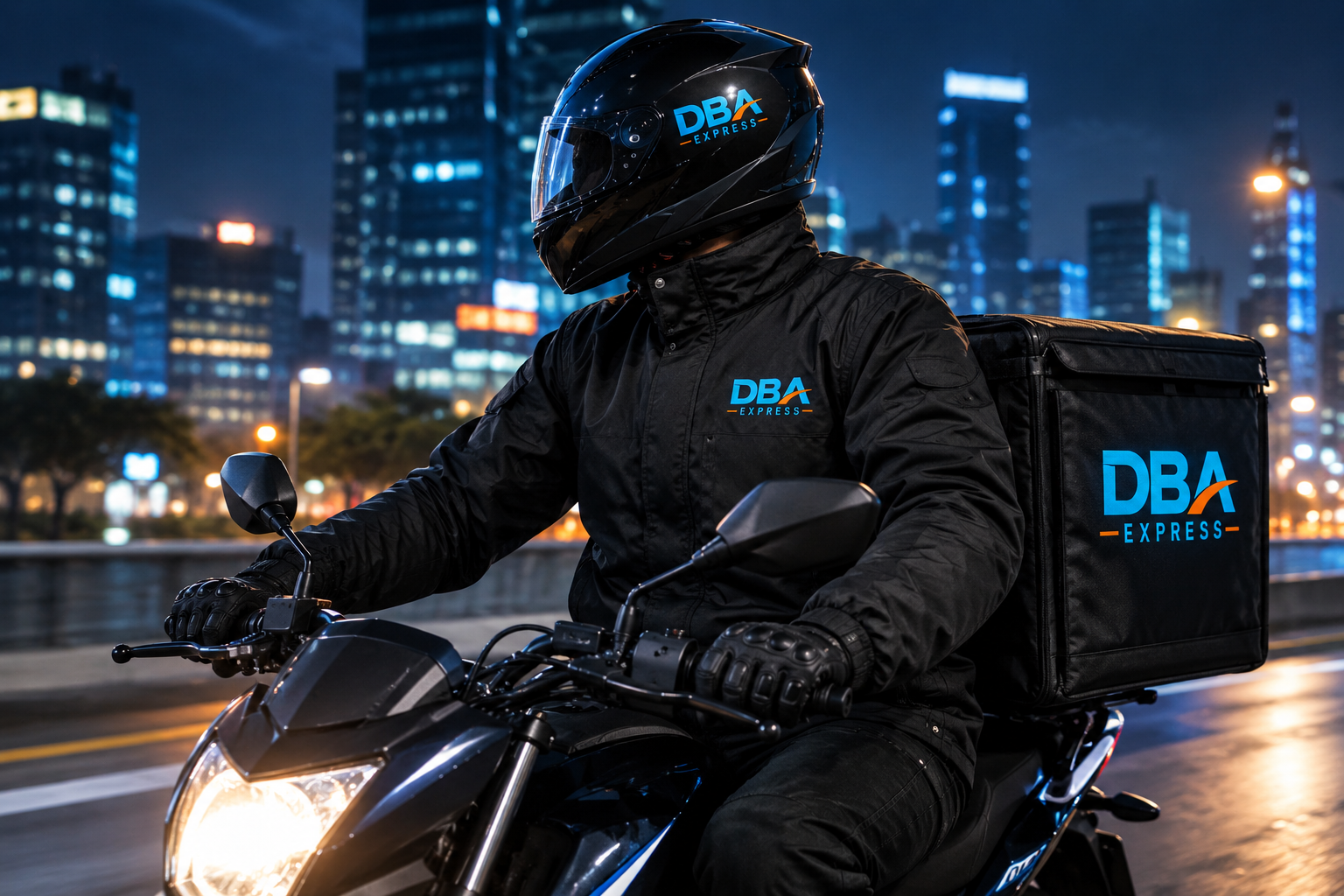 Motorizado DBA Express con chaqueta negra y caja DBA Express
